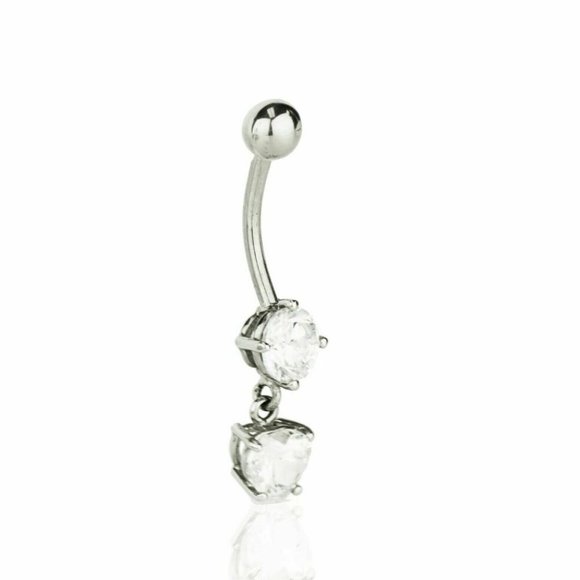 Solid 14k Yellow or White Gold Belly Button Dangle Barbel Bar Ring Body Jewelry - Picture 3 of 6